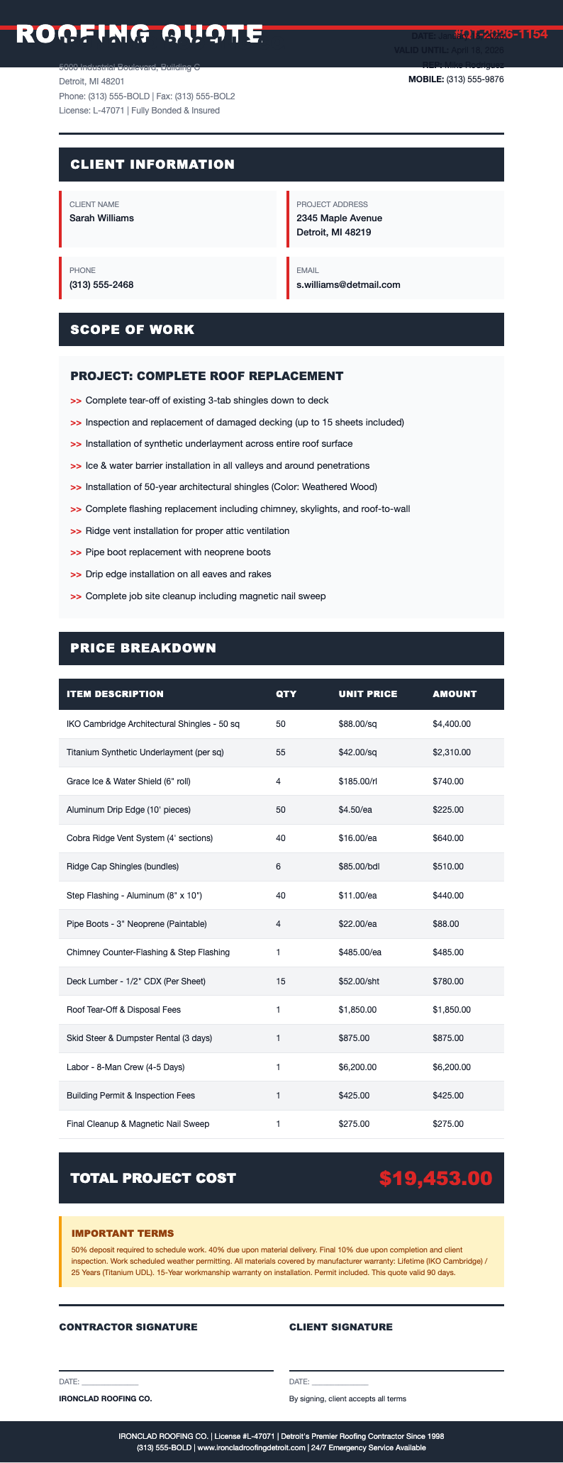 Modern industrial roofing quotation